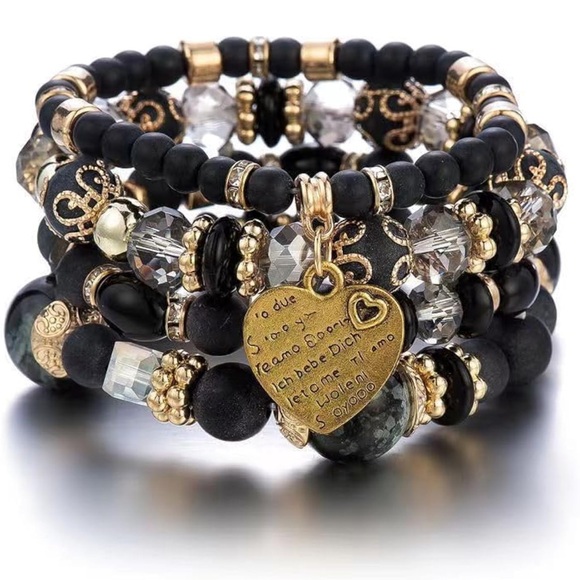 🖤💛Black & Gold Colored 4 Beaded Stretchy Bracelets With A Gold Colored Heart - Picture 1 of 2